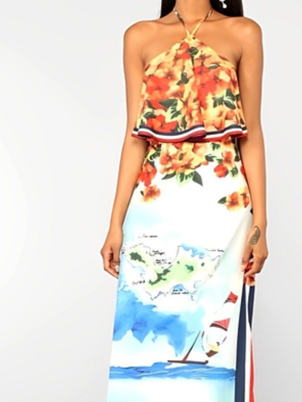 L'ATISTE Orange Floral Halter Maxi with Blue Seascape